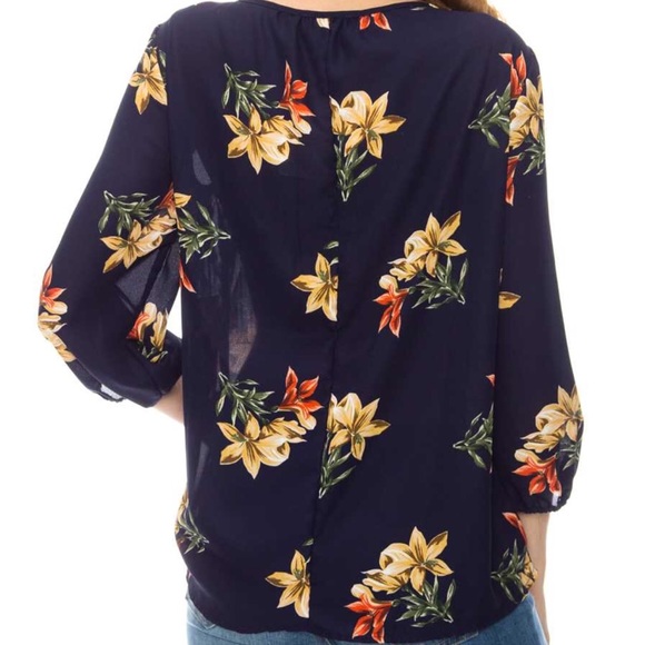 Navy Floral Pintuck Blouse - Picture 2 of 4